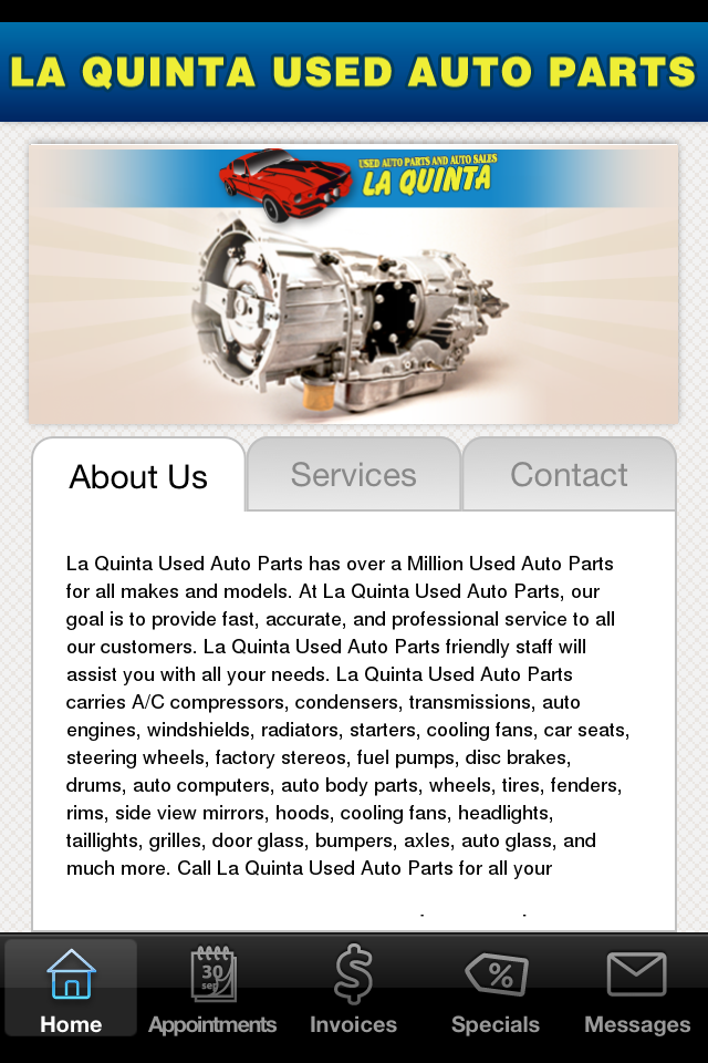 La Quinta Used Auto Parts's apple app home screen La Quinta Used Auto Parts's apple app home screen